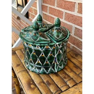 Vintage Talavera Pottery Mexican Folk Art Peacock 3 Section Canister RARE Mexico